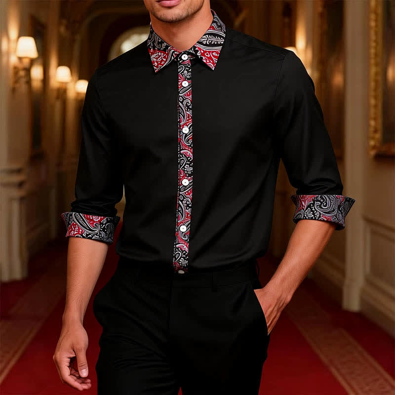 Men's Black Red & Grey Paisley Pattern Contrast Collar Dress Shirt - image 1