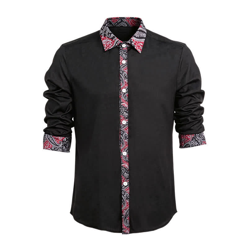 Men's Black Red & Grey Paisley Pattern Contrast Collar Dress Shirt - Black & Red - 6XL - image 0