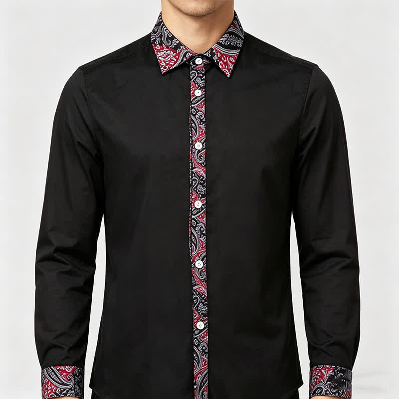 Men's Black Red & Grey Paisley Pattern Contrast Collar Dress Shirt - image 2