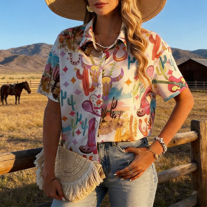 Women's Summer Casual Western Watercolor Printed Short Sleeved Shirt - Style #1 - 4XL - image 0