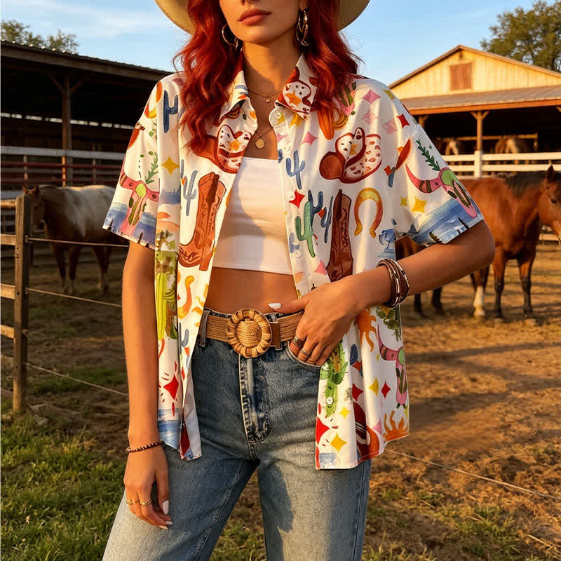 Women's Summer Casual Western Watercolor Printed Short Sleeved Shirt - Style #4 - 4XL - image 3