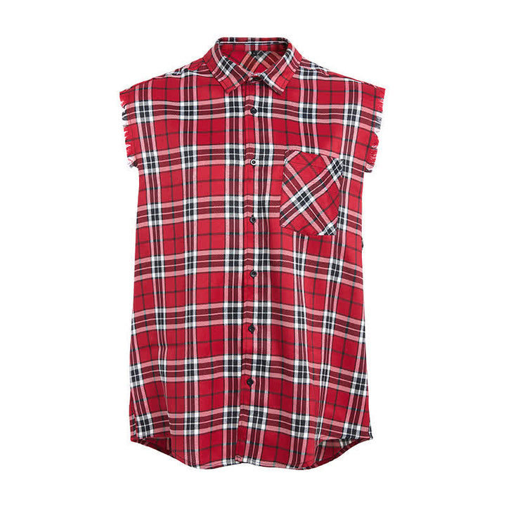 Men's Fringed Western Red Plaid Sleeveless Shirt Vest - image 7