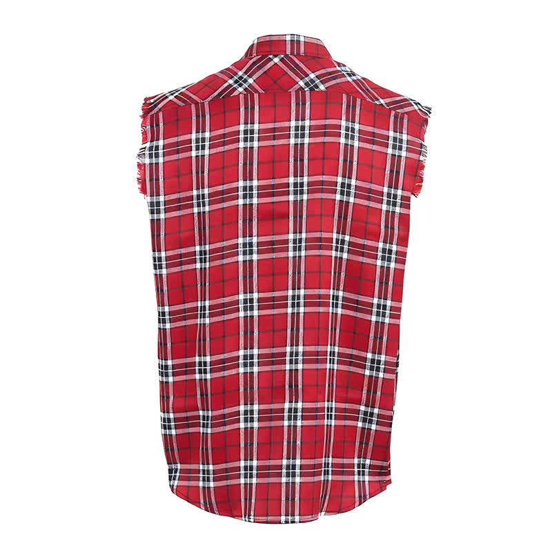 Men's Fringed Western Red Plaid Sleeveless Shirt Vest - image 8