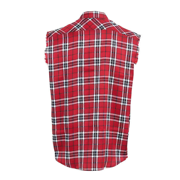 Men's Fringed Western Red Plaid Sleeveless Shirt Vest - image 8