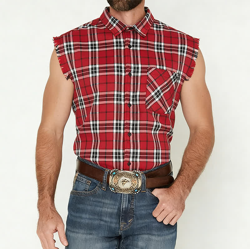 Men's Fringed Western Red Plaid Sleeveless Shirt Vest - image 1