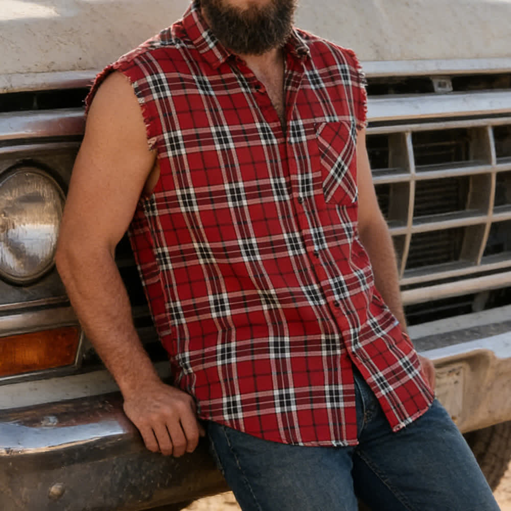 Men's Fringed Western Red Plaid Sleeveless Shirt Vest - Red - 3XL - image 0