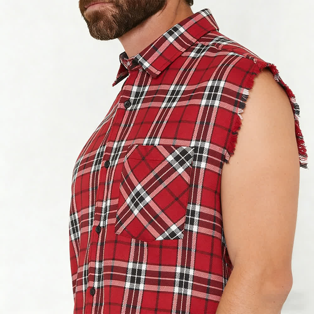 Men's Fringed Western Red Plaid Sleeveless Shirt Vest - image 3