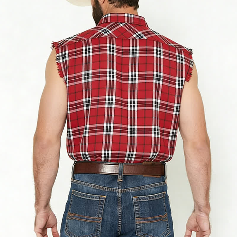 Men's Fringed Western Red Plaid Sleeveless Shirt Vest - image 2