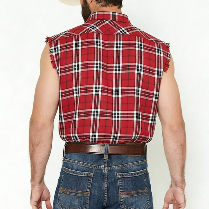Men's Fringed Western Red Plaid Sleeveless Shirt Vest - image 2