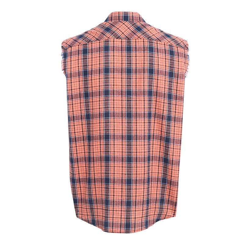 Men's Orange & Black Plaid Pattern Sleeveless Shirt Vest - image 9