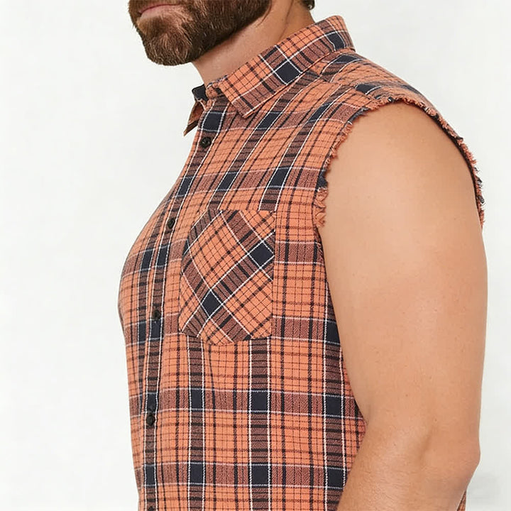 Men's Orange & Black Plaid Pattern Sleeveless Shirt Vest - image 3
