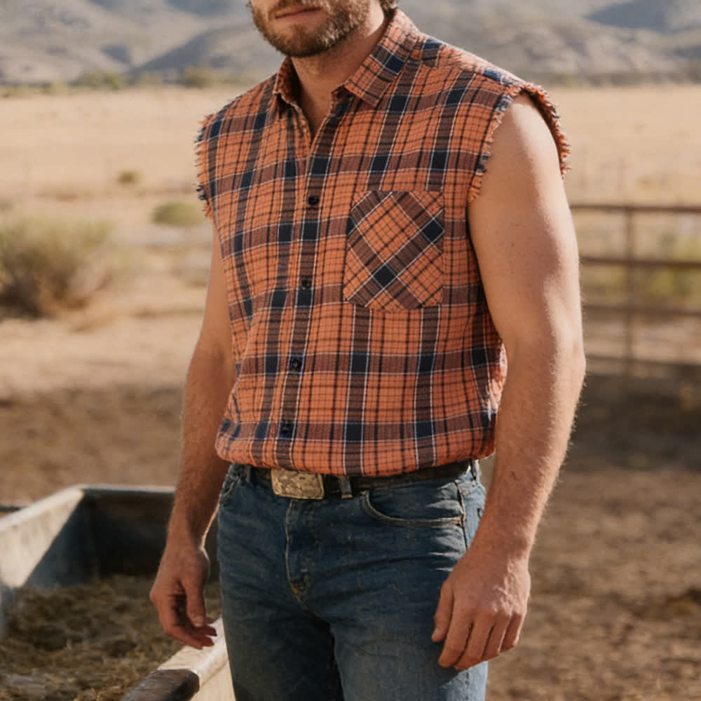 Men's Orange & Black Plaid Pattern Sleeveless Shirt Vest - Orange & Black - 3XL - image 0