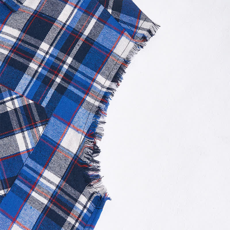 Men's Frayed Western Blue & White Plaid Sleeveless Shirt Vest - image 7