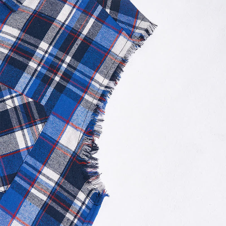Men's Frayed Western Blue & White Plaid Sleeveless Shirt Vest - image 7