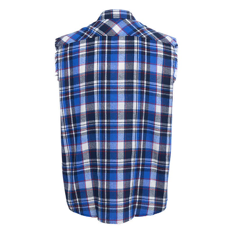 Men's Frayed Western Blue & White Plaid Sleeveless Shirt Vest - image 9