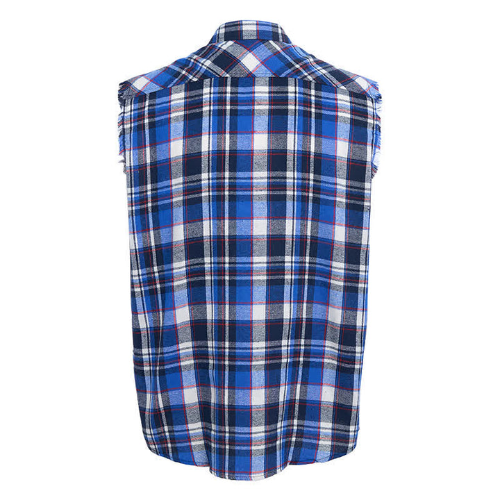 Men's Frayed Western Blue & White Plaid Sleeveless Shirt Vest - image 9