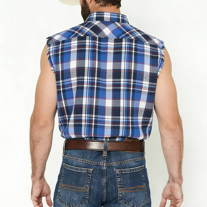 Men's Frayed Western Blue & White Plaid Sleeveless Shirt Vest - image 2