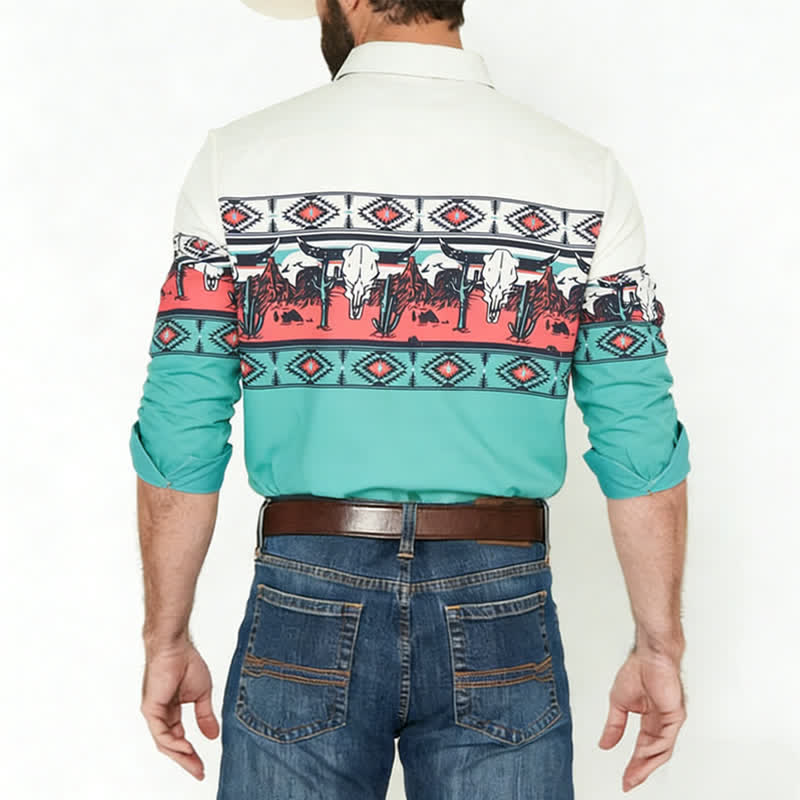 Men's Longhorn Bull Desert Scene 3D Printed Color-Block Shirt - image 2