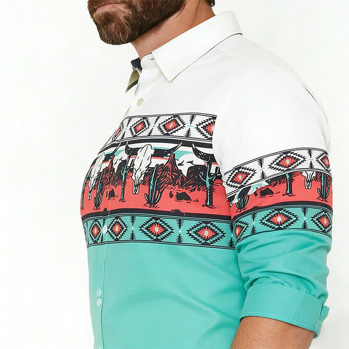 Men's Longhorn Bull Desert Scene 3D Printed Color-Block Shirt - image 3