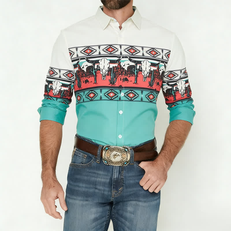 Men's Longhorn Bull Desert Scene 3D Printed Color-Block Shirt - image 1