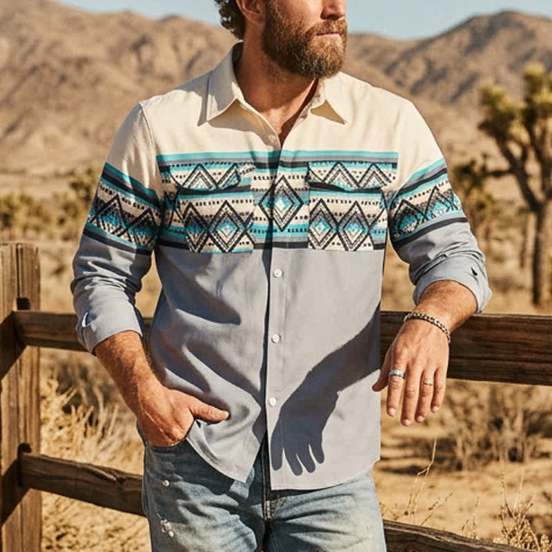 Men's Color-Block Aztec Stripe Southwestern Printed Shirt - Ivory & Gray - 5XL - image 0