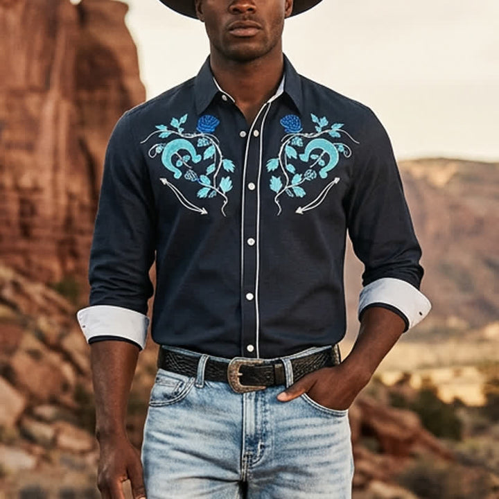 Men's Rugged West Horseshoe & Rose Pattern Cowboy Shirt - White & Black - 6XL - image 4