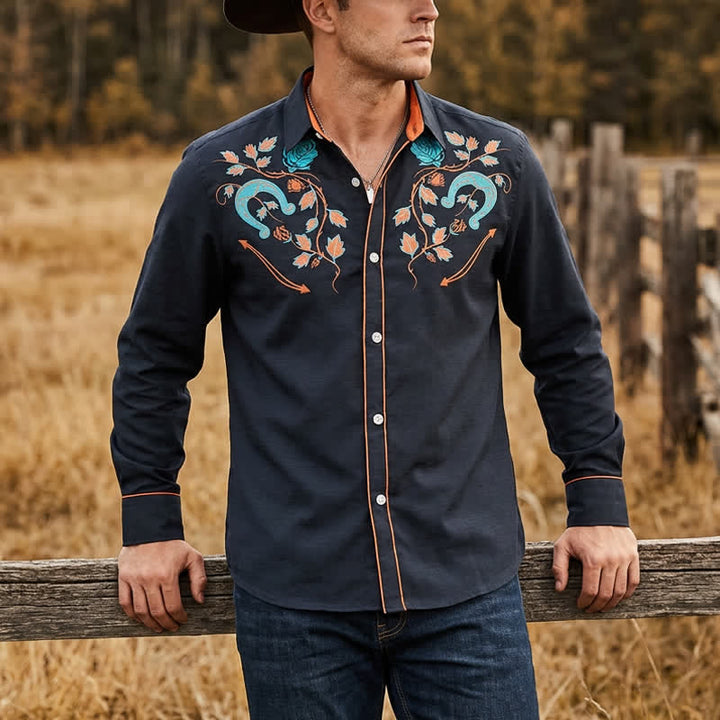 Men's Rugged West Horseshoe & Rose Pattern Cowboy Shirt - Orange & Black - 6XL - image 5