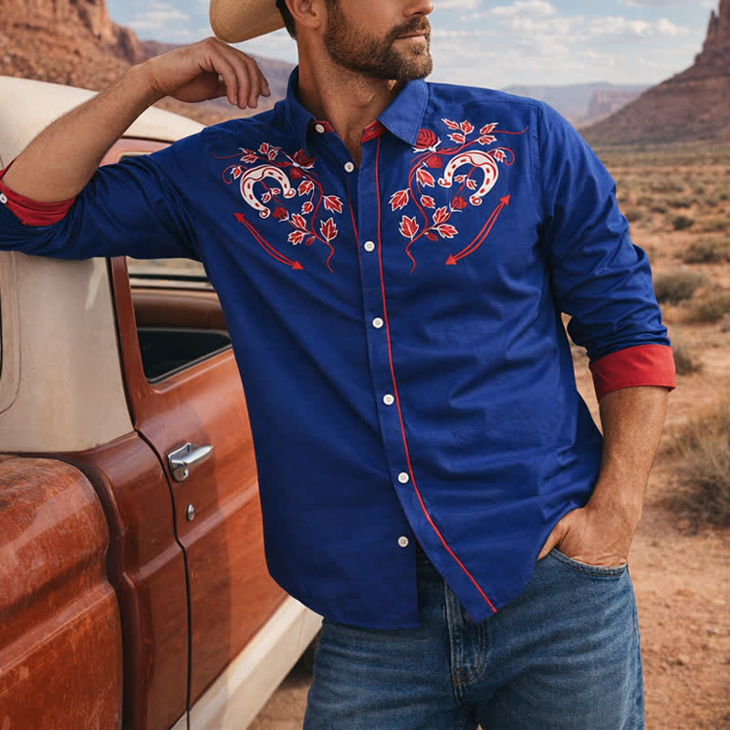 Men's Rugged West Horseshoe & Rose Pattern Cowboy Shirt - Red & Navy - 6XL - image 0