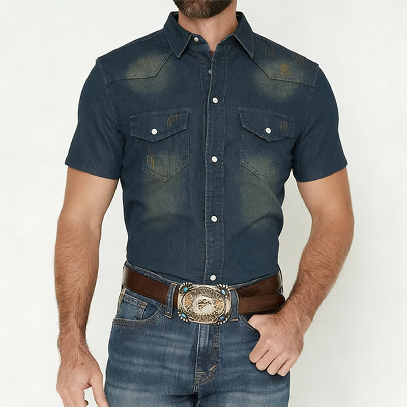Men's Vintage Washed Short Sleeves Western Denim Shirt - image 1