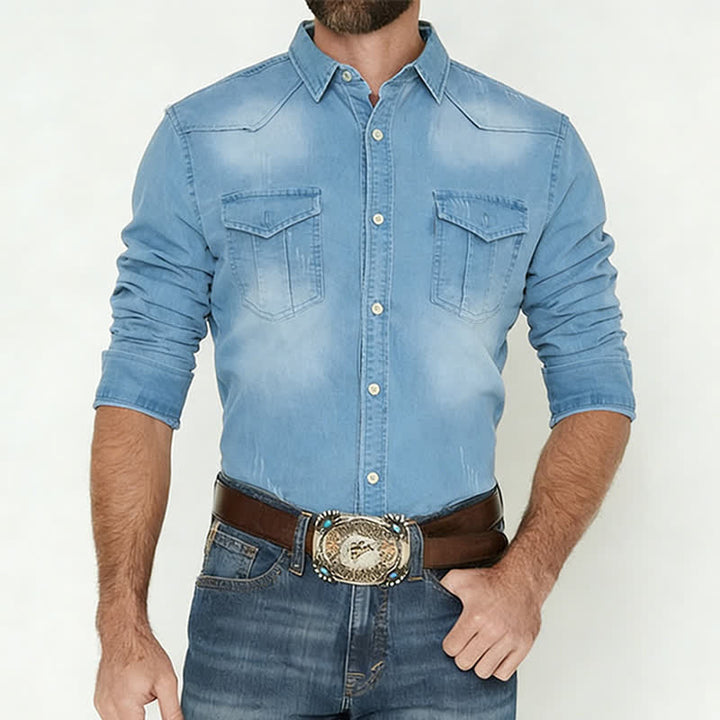 Men's Western Style Causal Denim Shirt With Chest Pockets - image 1