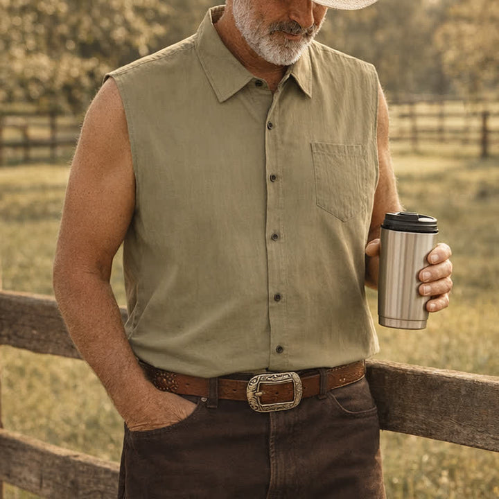 Men's Casual Beach & Ranch Linen Thin Sleeveless Shirt Vest - Army Green - 3XL - image 4