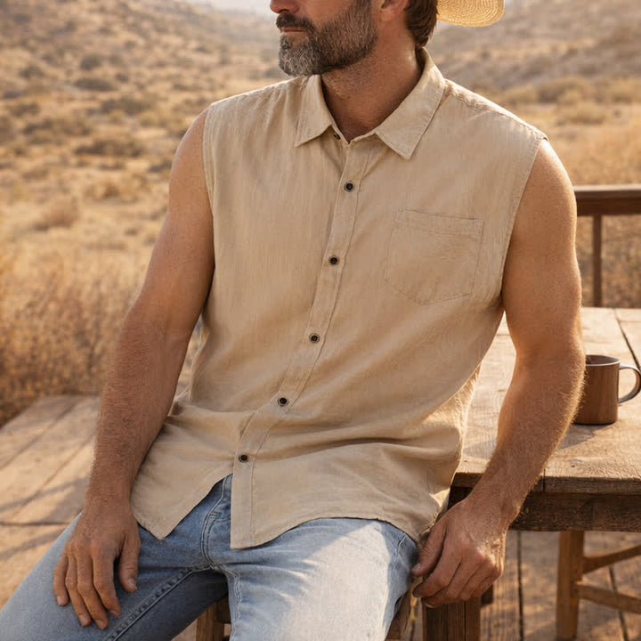 Men's Casual Beach & Ranch Linen Thin Sleeveless Shirt Vest - Khaki - 3XL - image 3