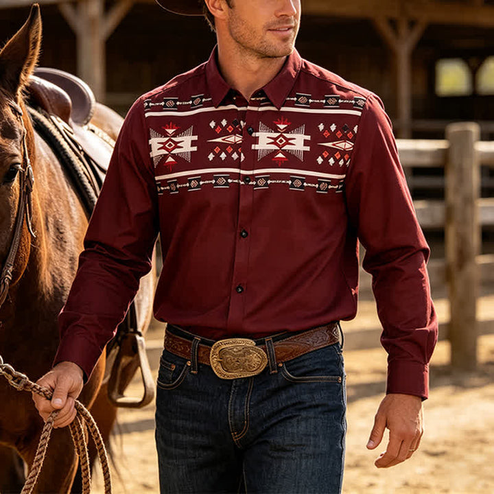 Men's Southwestern Aztec Print Button-Down Shirt - Burgundy - 6XL - image 0