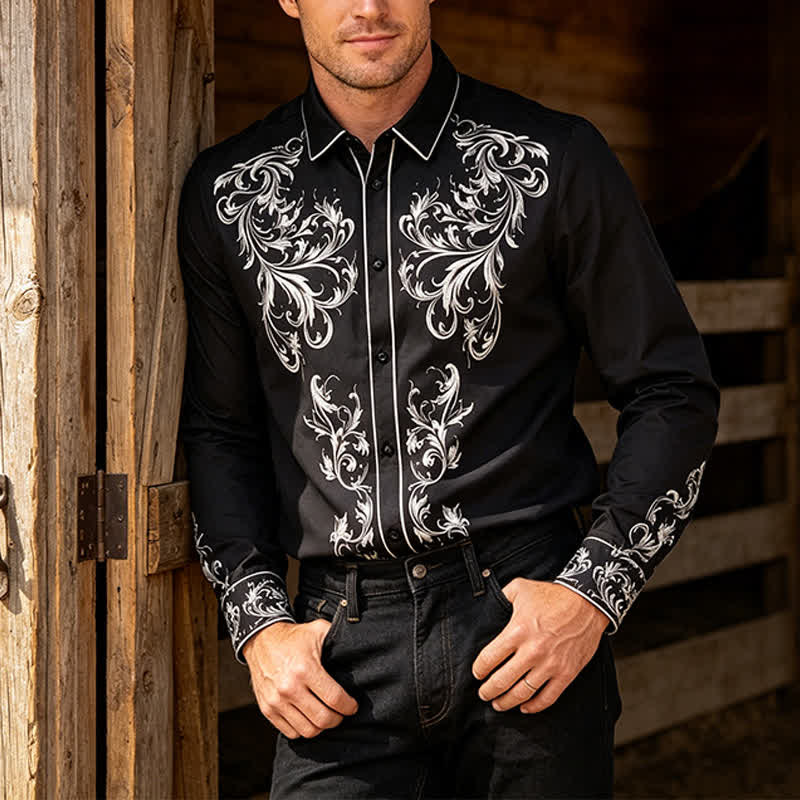Men's Black & White Flower Scrollwork Print Western Shirt - Black - 6XL - image 0