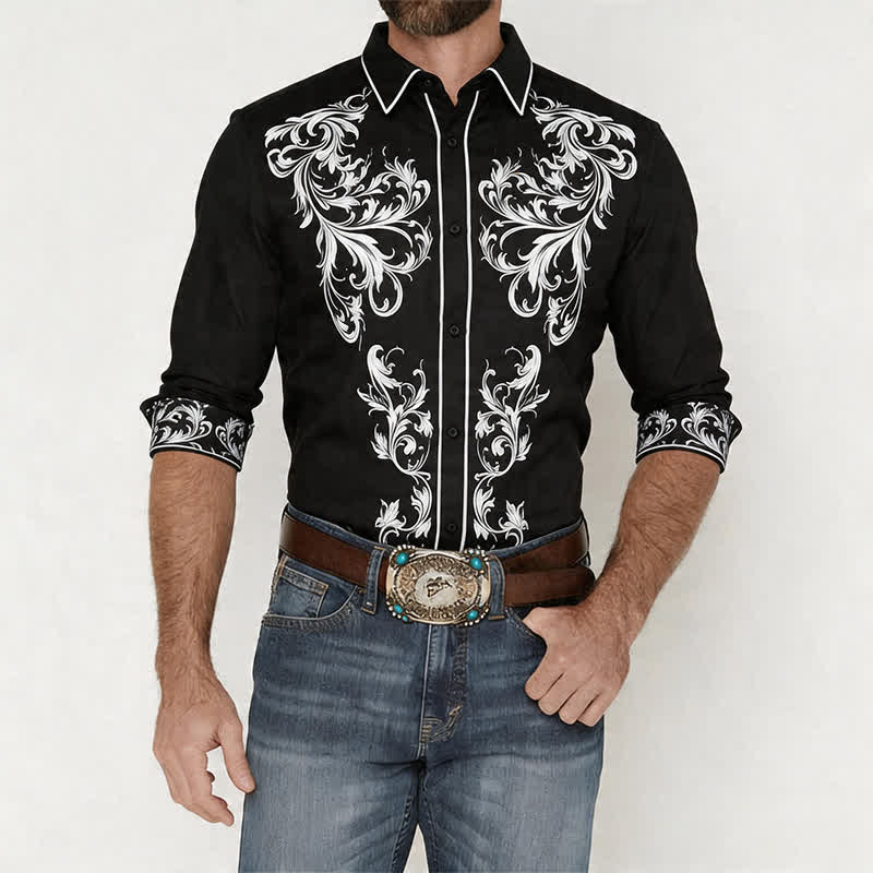 Men's Black & White Flower Scrollwork Print Western Shirt - image 1