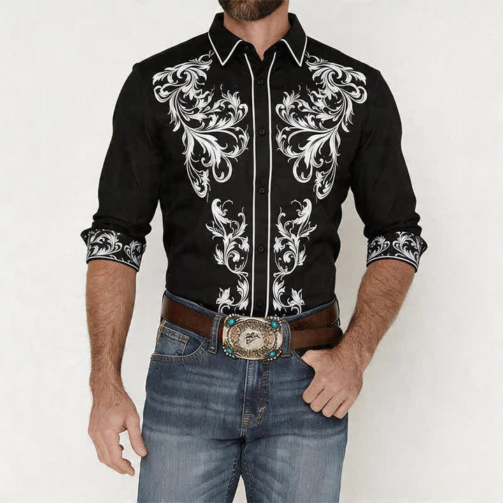 Men's Black & White Flower Scrollwork Print Western Shirt - image 1