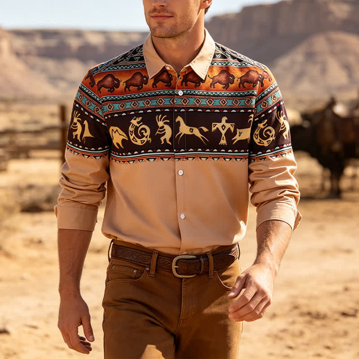 Men's Western Native Tribal Bison & Animal Motif Shirt - Brown - 6XL - image 0