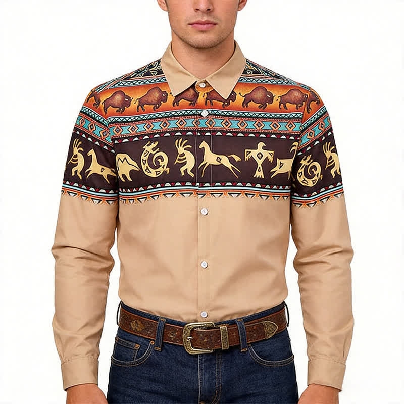 Men's Western Native Tribal Bison & Animal Motif Shirt - image 1
