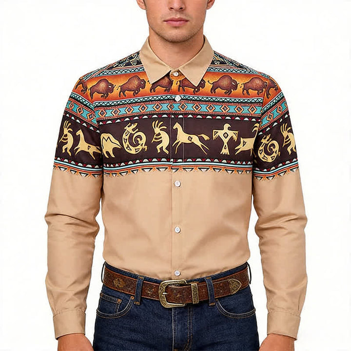 Men's Western Native Tribal Bison & Animal Motif Shirt - image 1