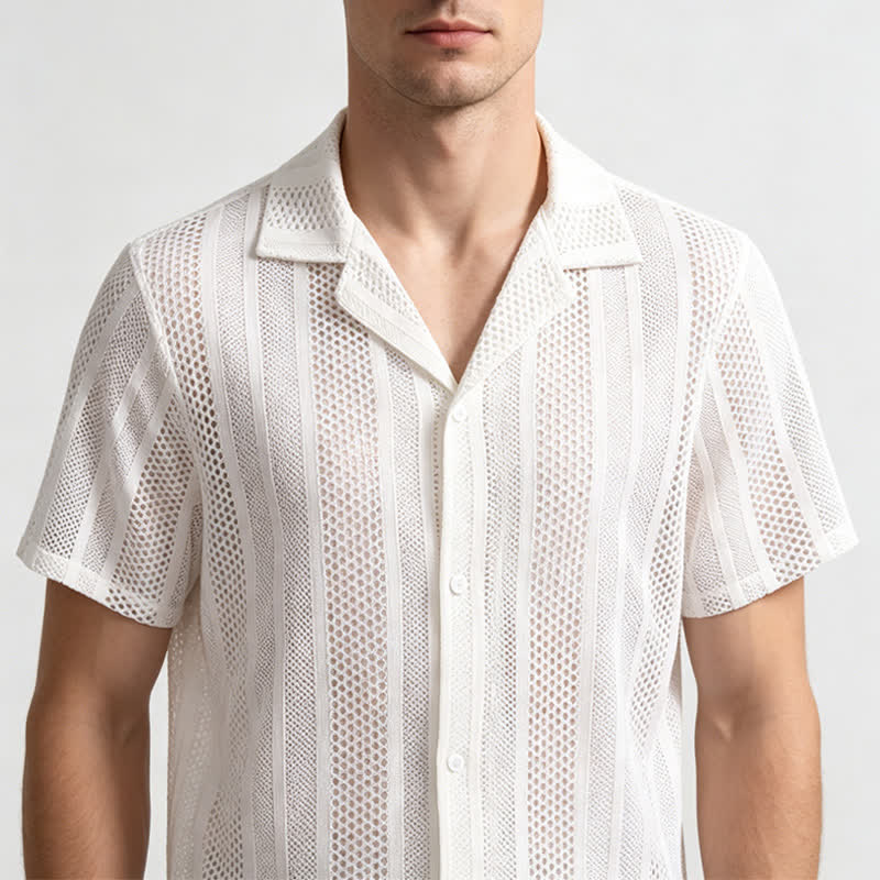 Men's Breathable Openwork Striped Cuban Collar Knitted Shirt - image 3