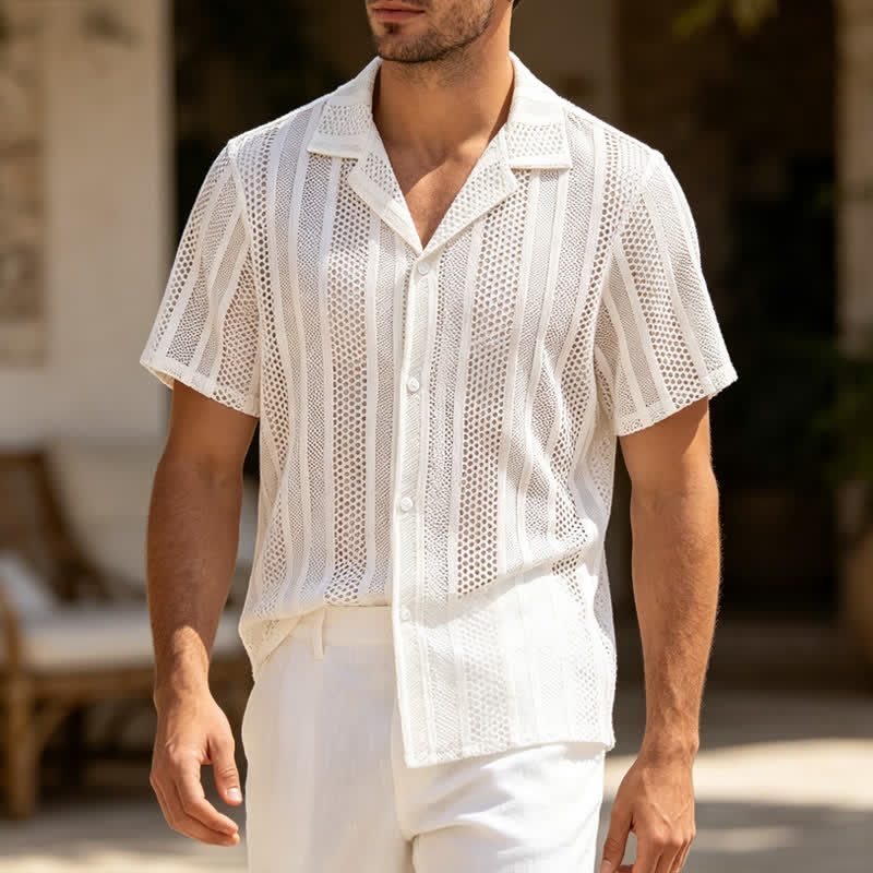 Men's Breathable Openwork Striped Cuban Collar Knitted Shirt - White - 2XL - image 0