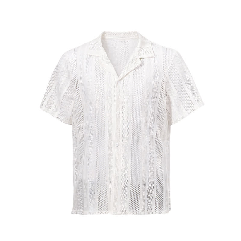 Men's Breathable Openwork Striped Cuban Collar Knitted Shirt - image 8