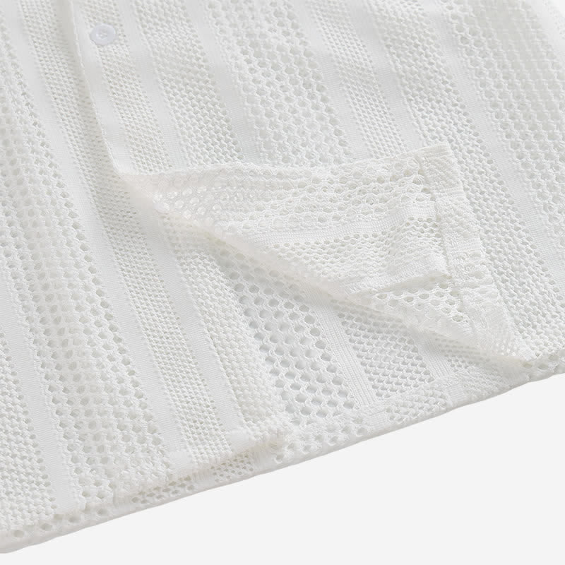 Men's Breathable Openwork Striped Cuban Collar Knitted Shirt - image 6