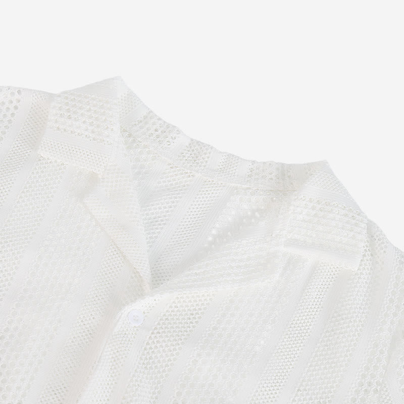 Men's Breathable Openwork Striped Cuban Collar Knitted Shirt - image 5