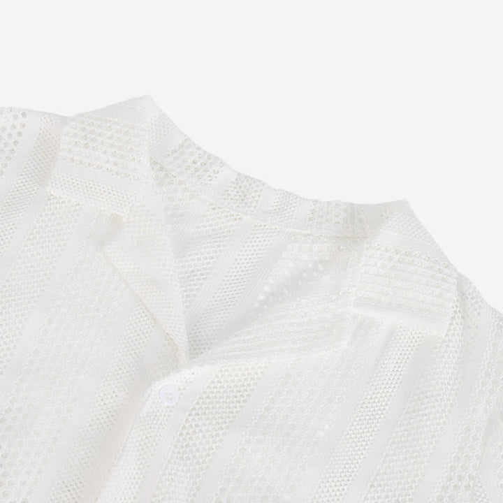 Men's Breathable Openwork Striped Cuban Collar Knitted Shirt - image 5