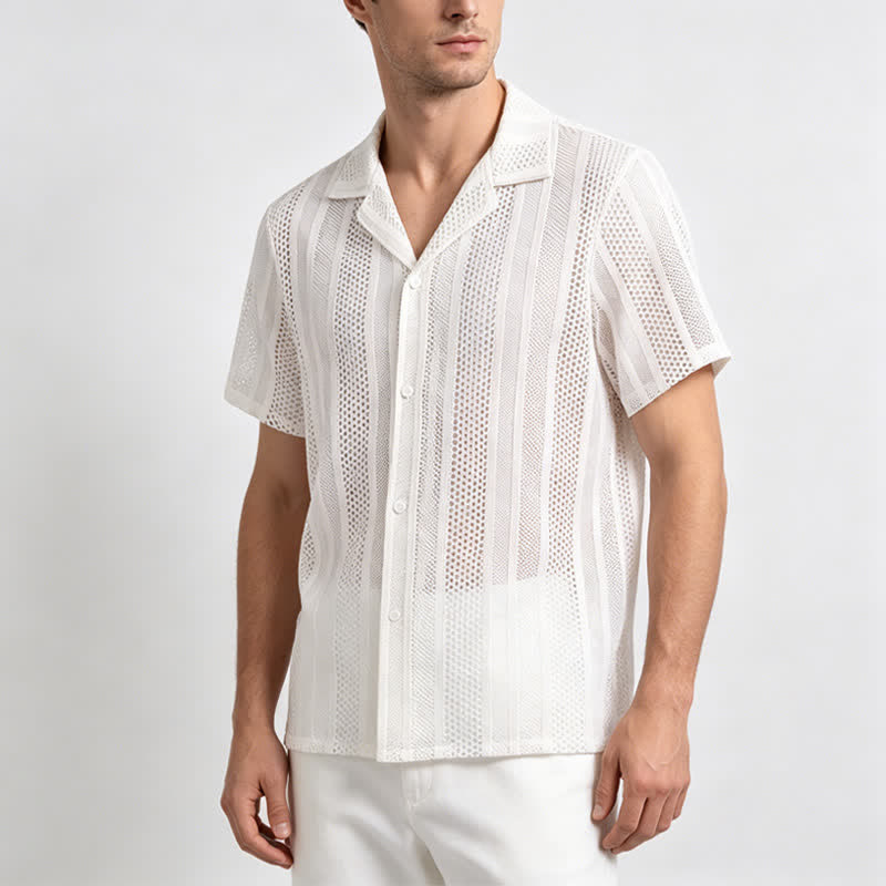 Men's Breathable Openwork Striped Cuban Collar Knitted Shirt - image 1