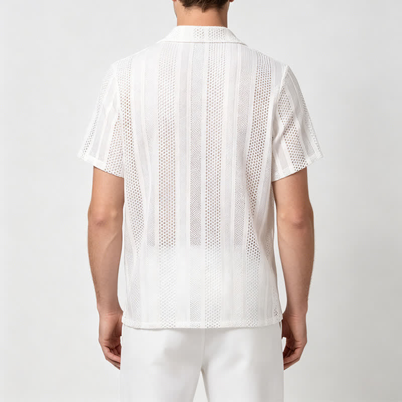 Men's Breathable Openwork Striped Cuban Collar Knitted Shirt - image 2