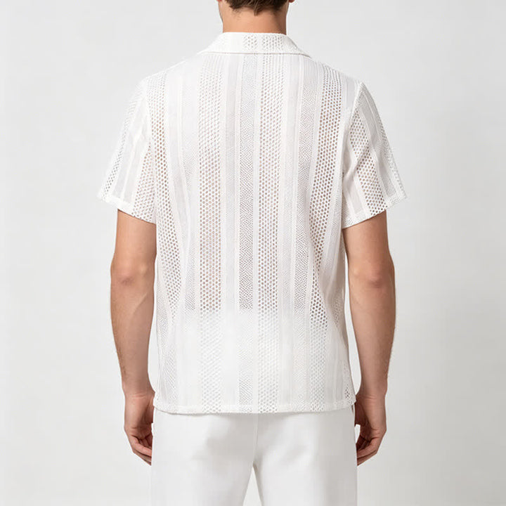 Men's Breathable Openwork Striped Cuban Collar Knitted Shirt - image 2