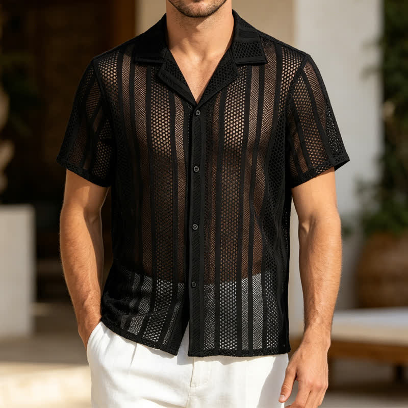Men's Breathable Openwork Striped Cuban Collar Knitted Shirt - Black - 2XL - image 4