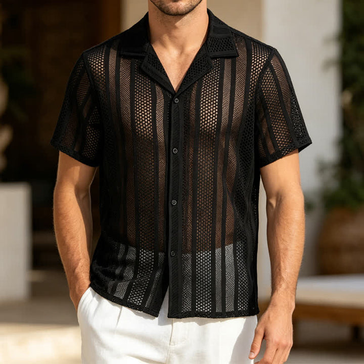 Men's Breathable Openwork Striped Cuban Collar Knitted Shirt - Black - 2XL - image 4